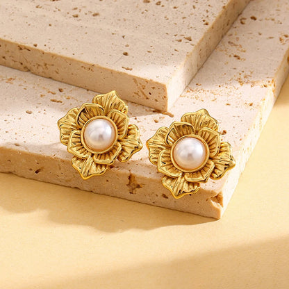 EILIECK 316L Stainless Steel Flower Pearl Stud Earrings For Women Girl Fashion New Gold Color Waterproof Jewelry Lady Gift