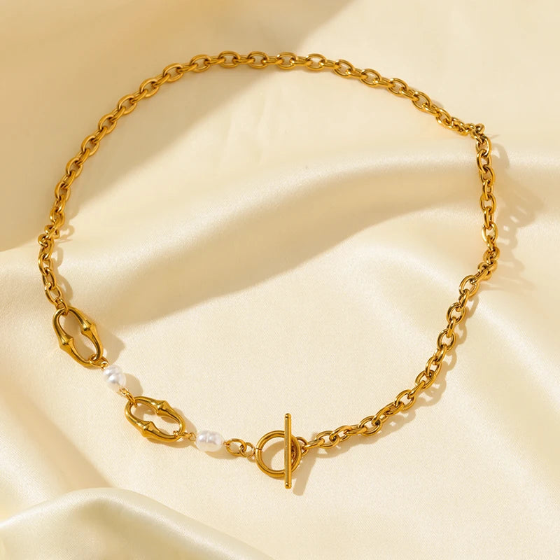 GANPUP 316l Stainless Steel Metal Pearls Chain Choker Necklace For Women Fashion Texture Waterproof Jewelry Neck Chain Gift