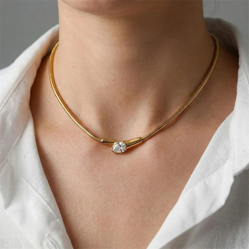 EILIECK 316L Stainless Steel Creative Snakehead Necklace For Women Trendy Shining Zircon Neck Chain Waterproof Jewelry Gift