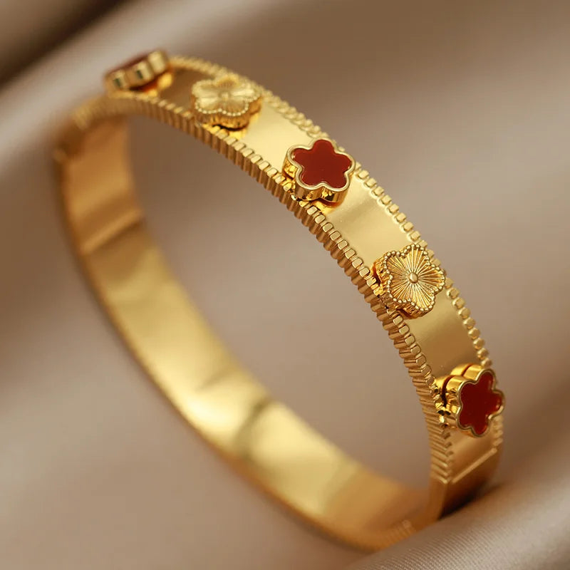 316L Stainless Steel Crystal Leopard Bangles for Women Vintage Bracelets Rust-proof Flower Zirconia Tree Wrist Jewelry Gift