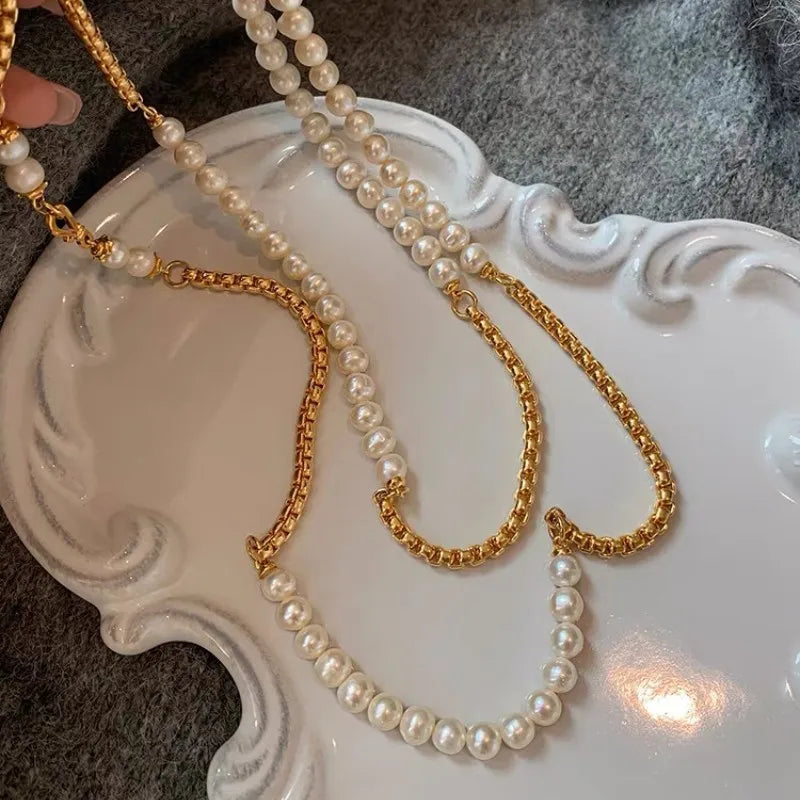 New 316L Stainless Steel Half  Chain and Pearl Necklace for Women Long sweater Chain Exquisite Niche Kpop Collarbone Jewelry