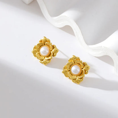 EILIECK 316L Stainless Steel Flower Pearl Stud Earrings For Women Girl Fashion New Gold Color Waterproof Jewelry Lady Gift