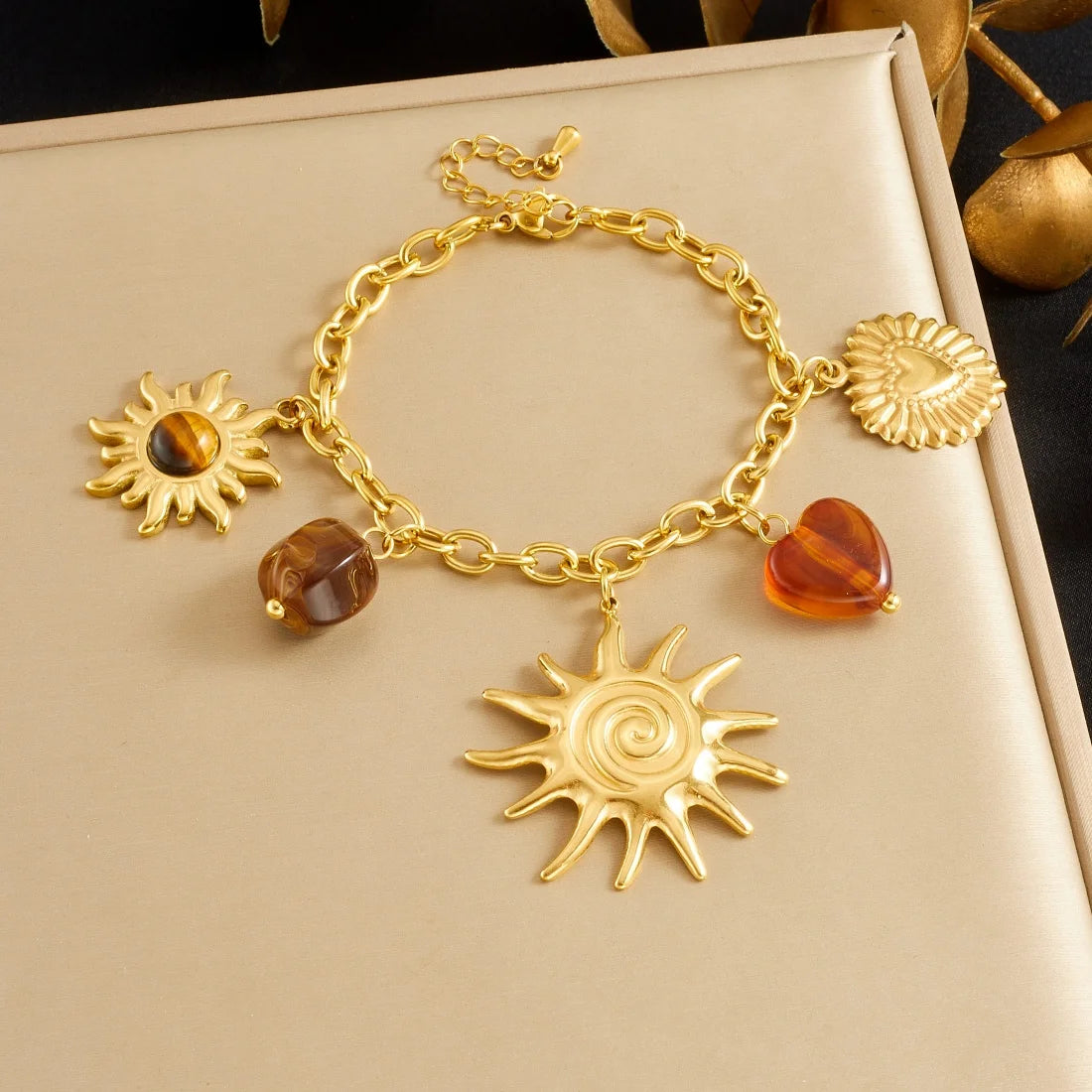 LAMENGLY 316L Stainless Steel Amber Stone Inlay Geometric Spiral Sun Heart Necklace Bracelet Set Lady Classic Trend Jewelry Suit