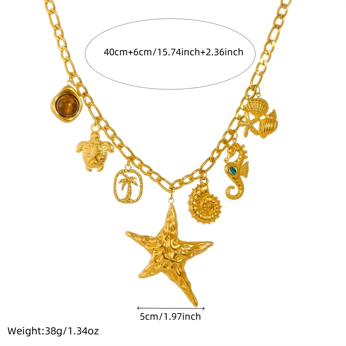 MEYRROYU 316L Stainless Steel Irregular Starfish Conch Turtle Multi Pendant Necklace Lady Fashion Ocean Style Neck Chain Jewelry