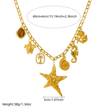 MEYRROYU 316L Stainless Steel Irregular Starfish Conch Turtle Multi Pendant Necklace Lady Fashion Ocean Style Neck Chain Jewelry