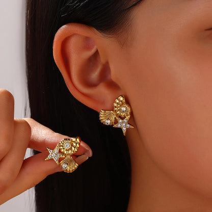 EILIECK 316L Stainless Steel Starfish Shell Zircon Stud Earrings For Women Fashion Waterproof Ear Jewelry Girls Gift Bijoux