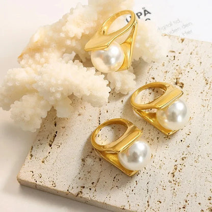 Chic 316L Stainless Steel Ring Y Shaped Big Imitation Pearl Rings For Women Exaggerated Charm Jewelry Wholesale