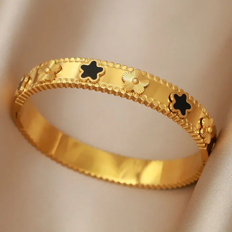 316L Stainless Steel Shell Letter V Bangle for Women Vintage Flower Cross Letter M Bracelets Rust-proof Wrist Jewelry Gift Party
