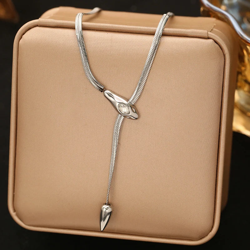 EILIECK 316L Stainless Steel Creative Snakehead Necklace For Women Trendy Shining Zircon Neck Chain Waterproof Jewelry Gift