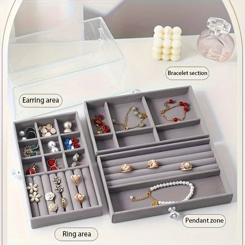 3-Tier Clear Acrylic Jewelry Box Drawer Organizer Velvet Lining Desktop Storage Rings Earrings Necklaces Bracelets Holder Women