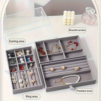 3-Tier Clear Acrylic Jewelry Box Drawer Organizer Velvet Lining Desktop Storage Rings Earrings Necklaces Bracelets Holder Women