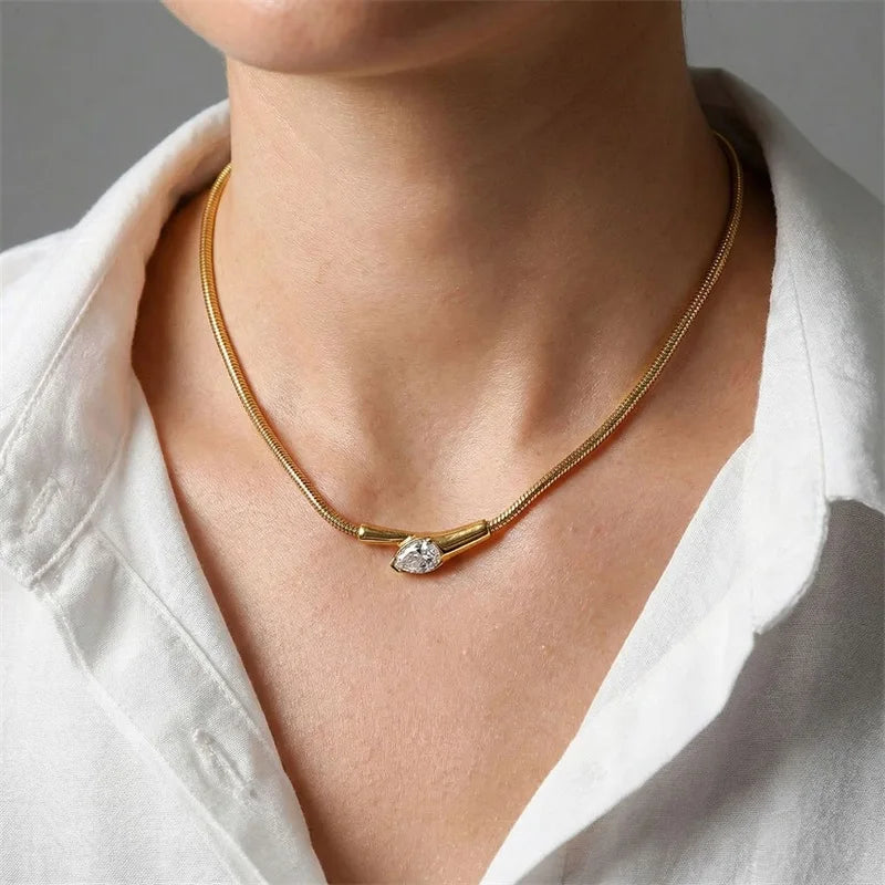 EILIECK 316L Stainless Steel Creative Snakehead Necklace For Women Trendy Shining Zircon Neck Chain Waterproof Jewelry Gift
