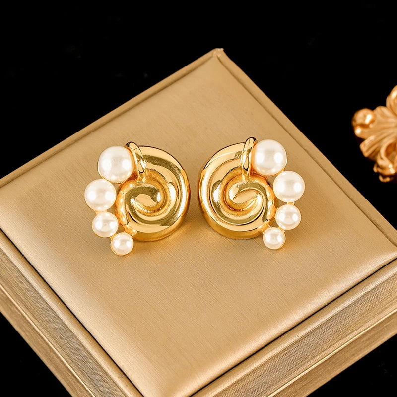 EILIECK 316L Stainless Steel Flower Pearl Stud Earrings For Women Girl Fashion New Gold Color Waterproof Jewelry Lady Gift