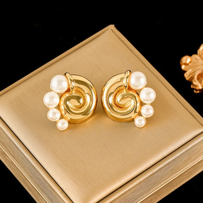 EILIECK 316L Stainless Steel Flower Pearl Stud Earrings For Women Girl Fashion New Gold Color Waterproof Jewelry Lady Gift