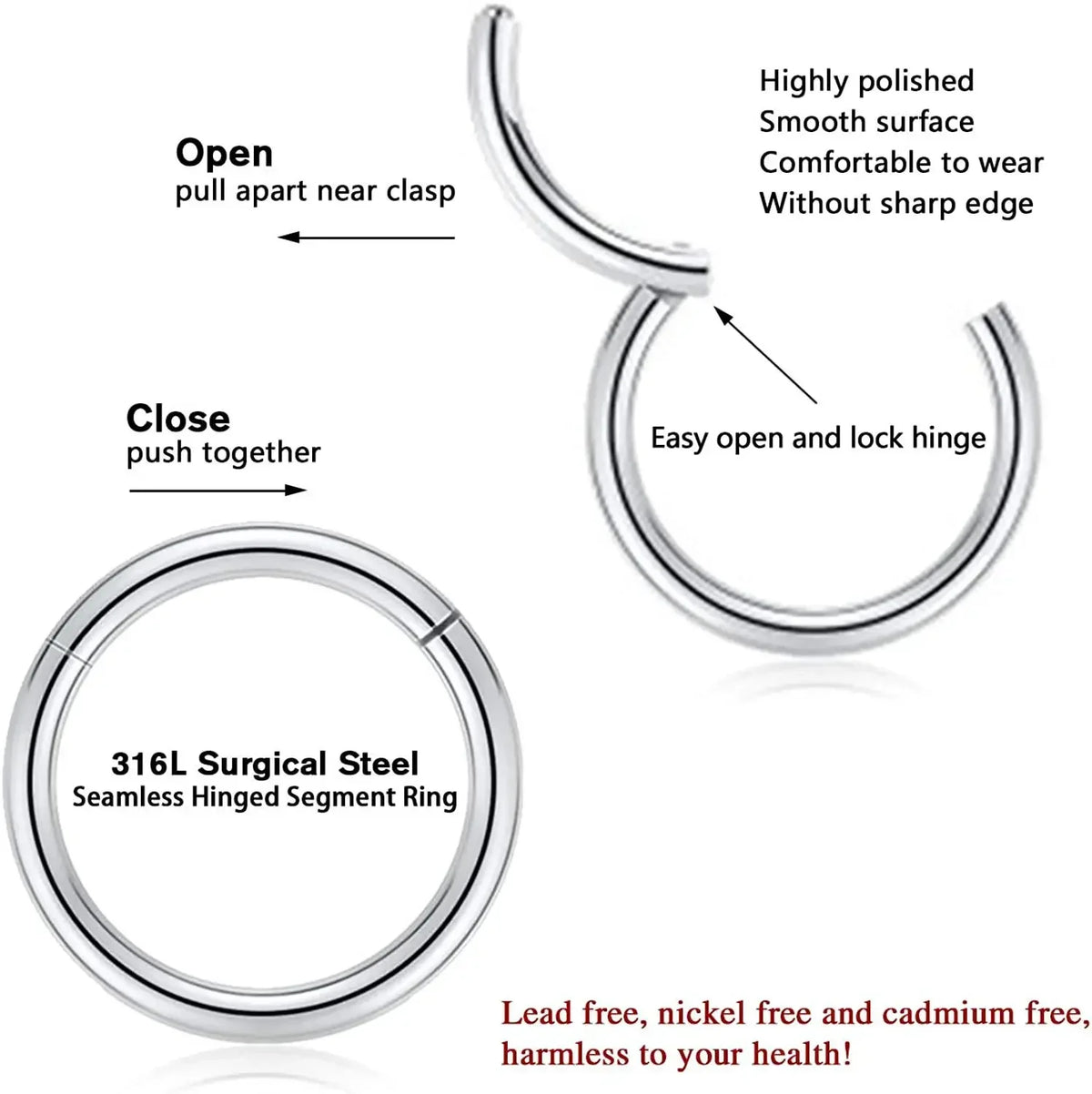 2/6PCS Seamless 316L Stainless Steel Classic Nose Rings for Men and Women Hoop Earrings Septum Helix Tragus Ear Piercing Jewelry