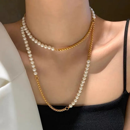 New 316L Stainless Steel Half  Chain and Pearl Necklace for Women Long sweater Chain Exquisite Niche Kpop Collarbone Jewelry