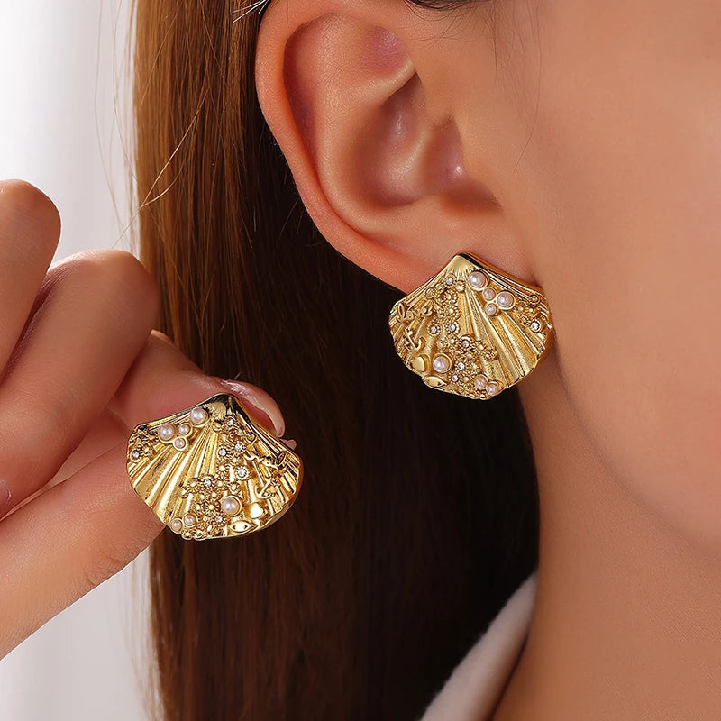 EILIECK 316L Stainless Steel Starfish Shell Zircon Stud Earrings For Women Fashion Waterproof Ear Jewelry Girls Gift Bijoux