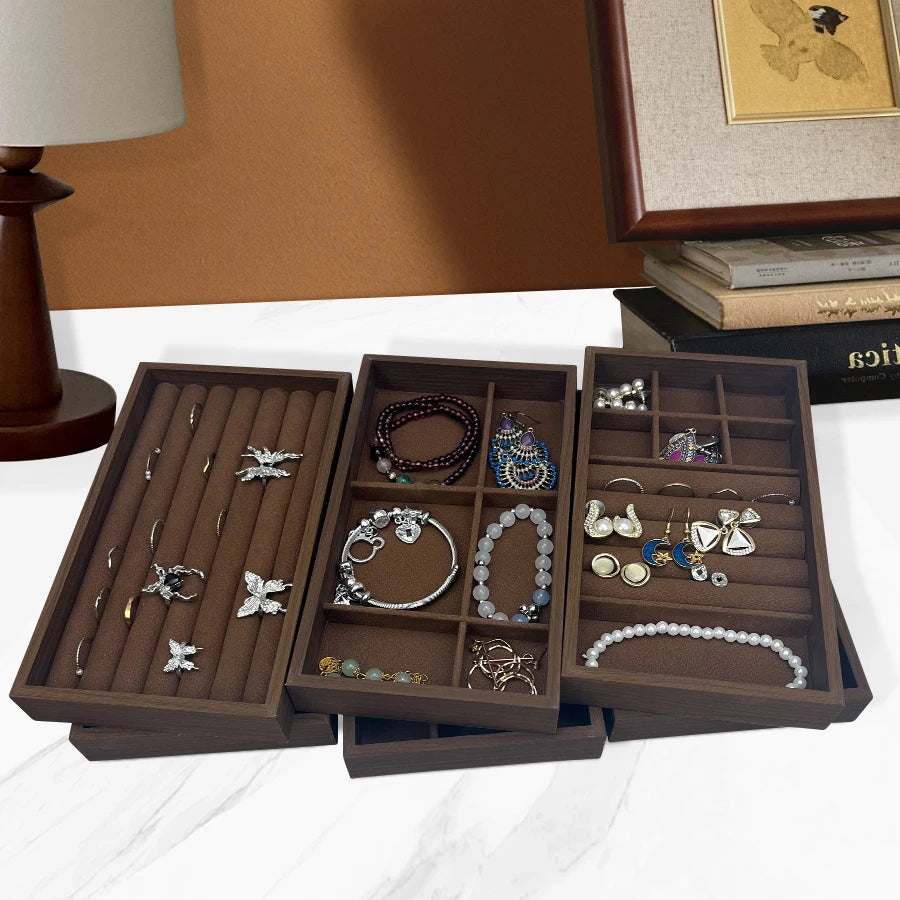 1 Pc, Walnut Wood Pattern Jewelry Box,Jewelry Tray,Suitable for Storing Necklaces, Rings, Earrings, and Ear Studs, Color: Coffee