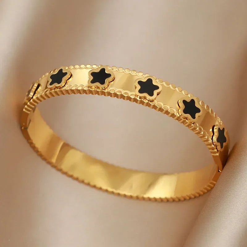 316L Stainless Steel Shell Letter V Bangle for Women Vintage Flower Cross Letter M Bracelets Rust-proof Wrist Jewelry Gift Party