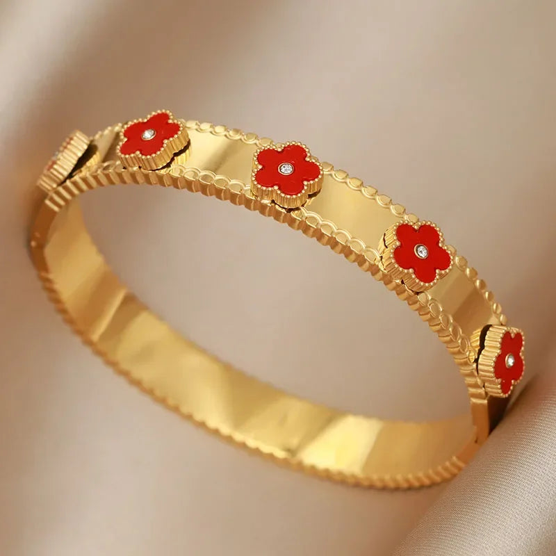 316L Stainless Steel Shell Letter V Bangle for Women Vintage Flower Cross Letter M Bracelets Rust-proof Wrist Jewelry Gift Party
