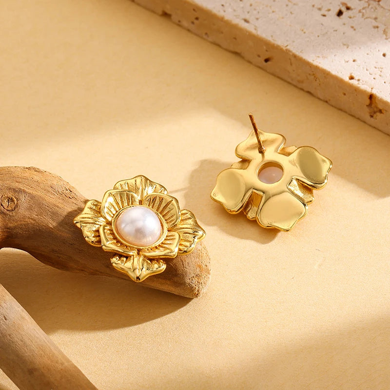EILIECK 316L Stainless Steel Flower Pearl Stud Earrings For Women Girl Fashion New Gold Color Waterproof Jewelry Lady Gift