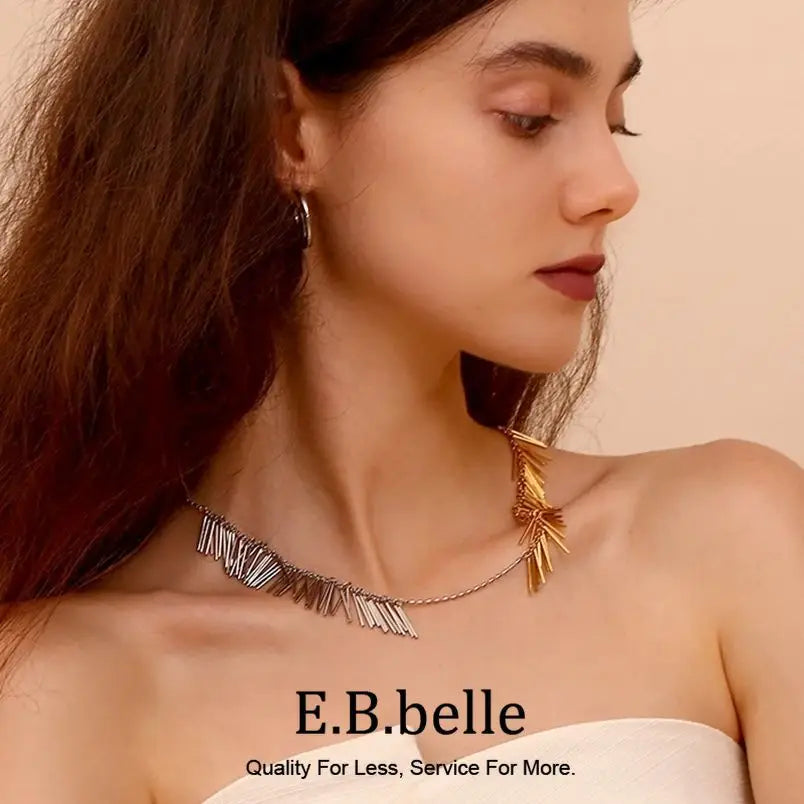 E.B.belle Exaggerated Tassel Line Two Tone Necklace 316L Stainless Steel Accessories 18K Gold Plated Women's Neck Chain
