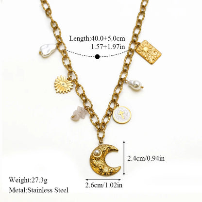 EILIECK 316L Stainless Steel Charms Pearl Moon Pendant Necklace 18K Gold Plated Popular Summer Fashion Jewelry For Women Girl