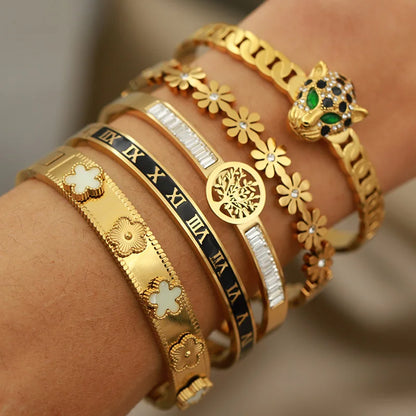 316L Stainless Steel Crystal Leopard Bangles for Women Vintage Bracelets Rust-proof Flower Zirconia Tree Wrist Jewelry Gift
