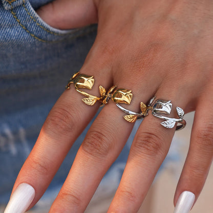 316L Stainless Steel Flower Adjustable Opening Fashion Rings Waterproof Metal Tarnish Resistant Jewelry for Women Bijoux