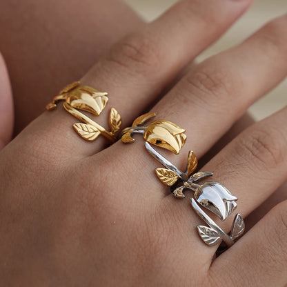 316L Stainless Steel Flower Adjustable Opening Fashion Rings Waterproof Metal Tarnish Resistant Jewelry for Women Bijoux