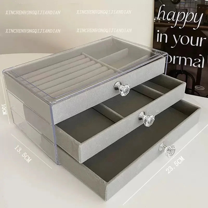 3-Tier Clear Acrylic Jewelry Box Drawer Organizer Velvet Lining Desktop Storage Rings Earrings Necklaces Bracelets Holder Women