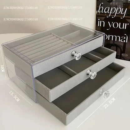 3-Tier Clear Acrylic Jewelry Box Drawer Organizer Velvet Lining Desktop Storage Rings Earrings Necklaces Bracelets Holder Women