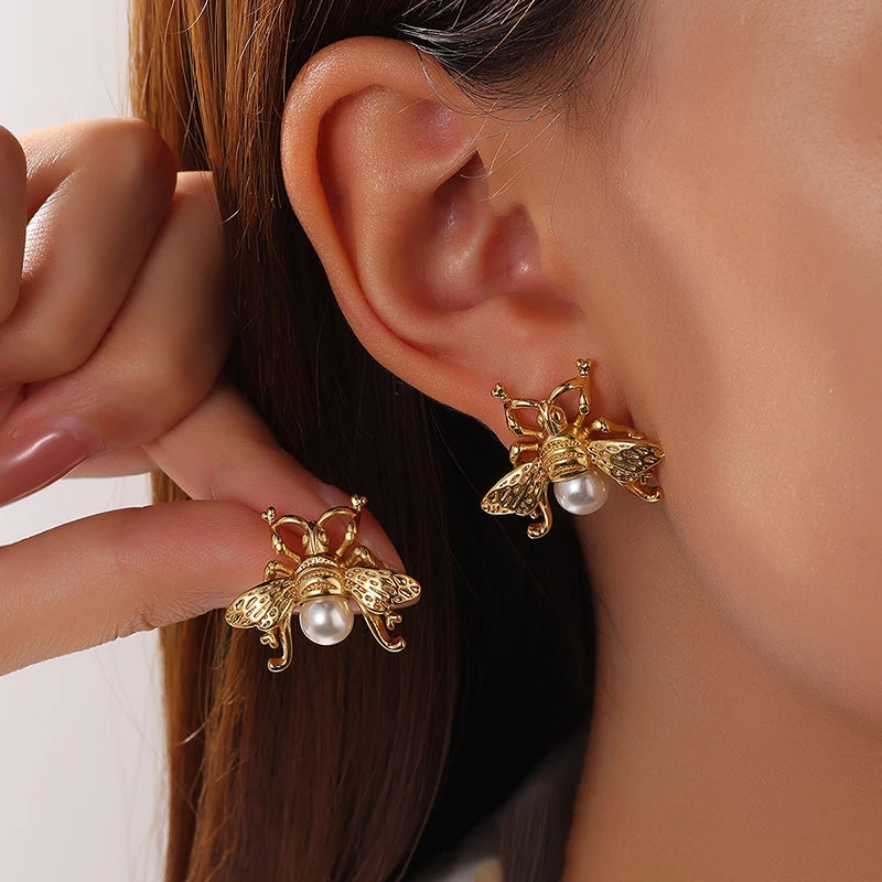 EILIECK 316L Stainless Steel Flower Pearl Stud Earrings For Women Girl Fashion New Gold Color Waterproof Jewelry Lady Gift