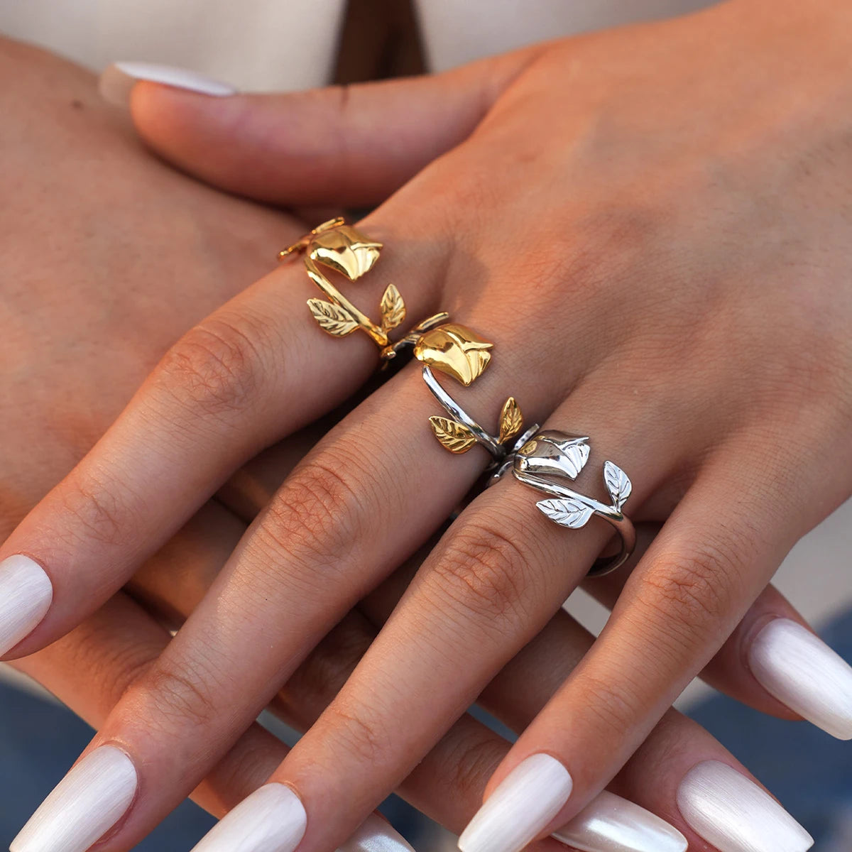 316L Stainless Steel Flower Adjustable Opening Fashion Rings Waterproof Metal Tarnish Resistant Jewelry for Women Bijoux