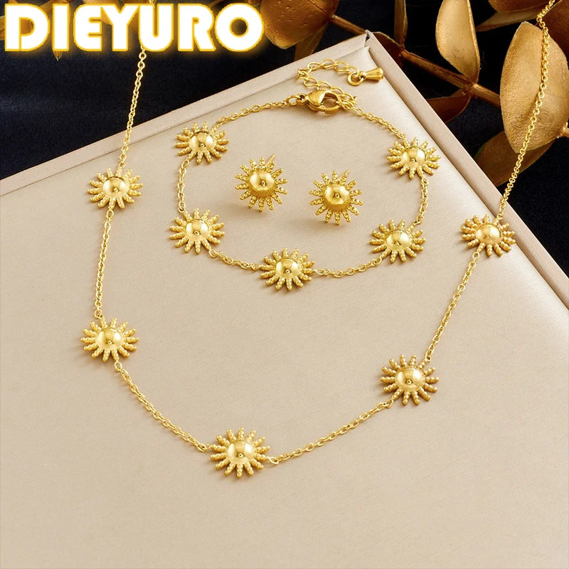 DIEYURO 316L Stainless Steel Golden Fashion Sun Necklace Earrings Bracelet Set For Women New Classic Waterproof Jewelry Gift