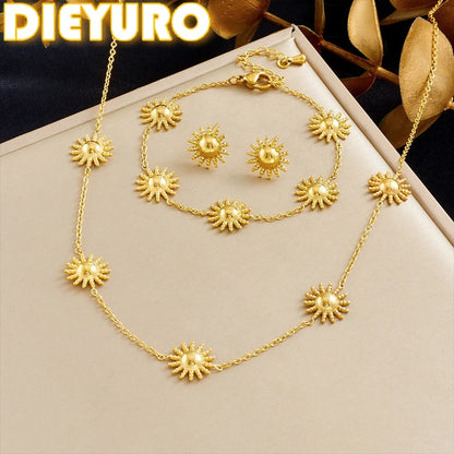 DIEYURO 316L Stainless Steel Golden Fashion Sun Necklace Earrings Bracelet Set For Women New Classic Waterproof Jewelry Gift