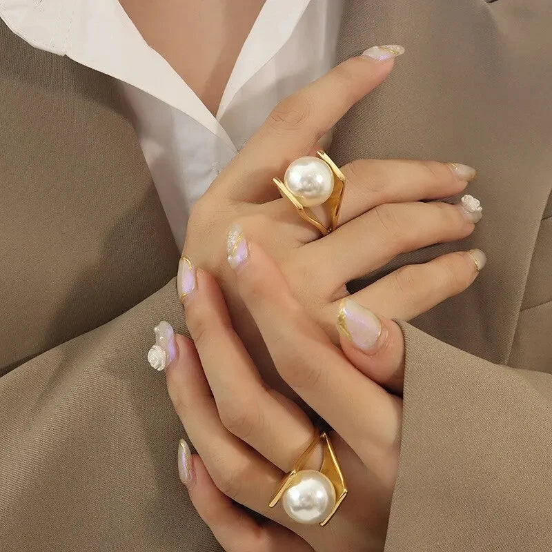Chic 316L Stainless Steel Ring Y Shaped Big Imitation Pearl Rings For Women Exaggerated Charm Jewelry Wholesale