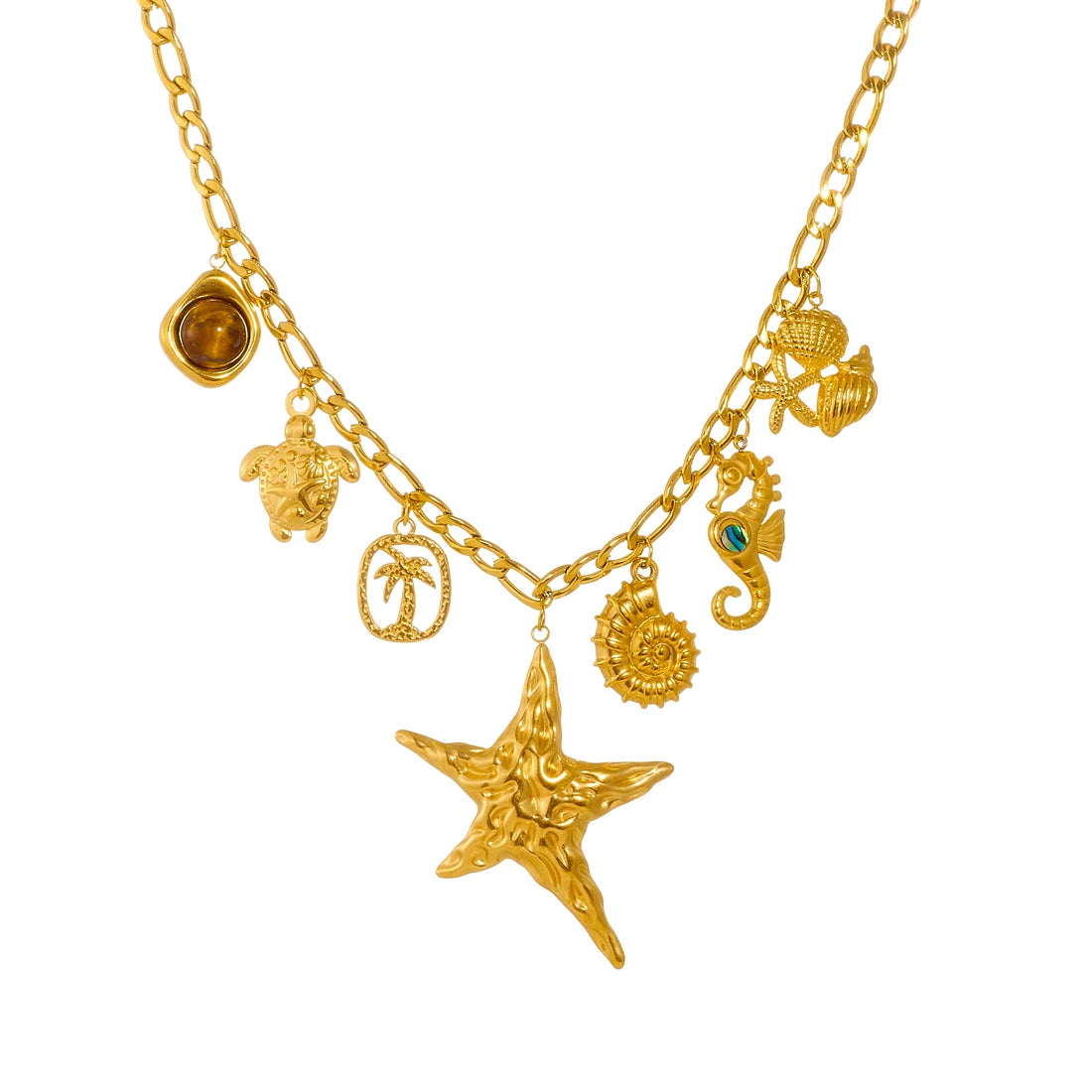 MEYRROYU 316L Stainless Steel Irregular Starfish Conch Turtle Multi Pendant Necklace Lady Fashion Ocean Style Neck Chain Jewelry