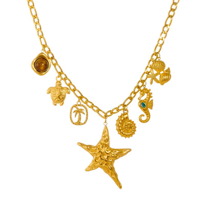 MEYRROYU 316L Stainless Steel Irregular Starfish Conch Turtle Multi Pendant Necklace Lady Fashion Ocean Style Neck Chain Jewelry