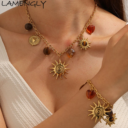 LAMENGLY 316L Stainless Steel Amber Stone Inlay Geometric Spiral Sun Heart Necklace Bracelet Set Lady Classic Trend Jewelry Suit