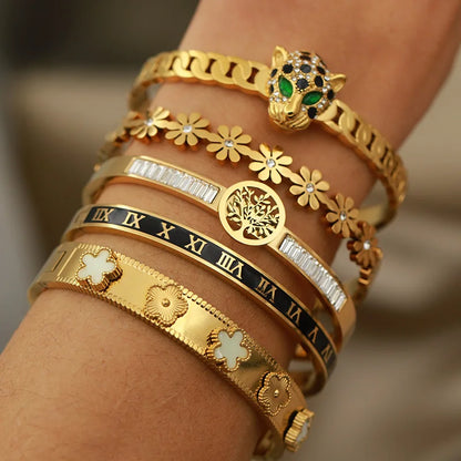 316L Stainless Steel Crystal Leopard Bangles for Women Vintage Bracelets Rust-proof Flower Zirconia Tree Wrist Jewelry Gift