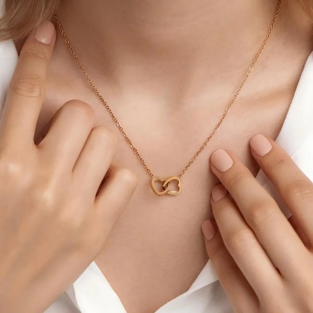 Minimalist Double Hearts 316L Stainless Steel Pendant Necklace Charm Chains Jewelry for Women Romantic Valentine's Gift
