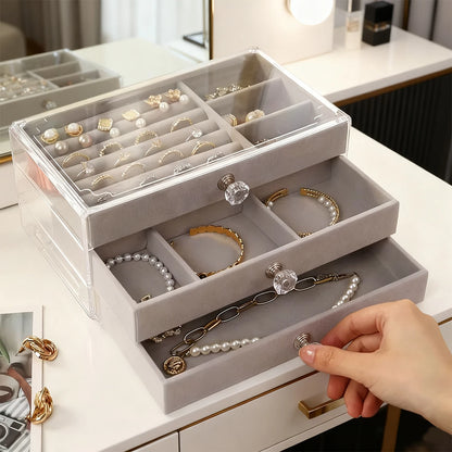 3-Tier Clear Acrylic Jewelry Box Drawer Organizer Velvet Lining Desktop Storage Rings Earrings Necklaces Bracelets Holder Women