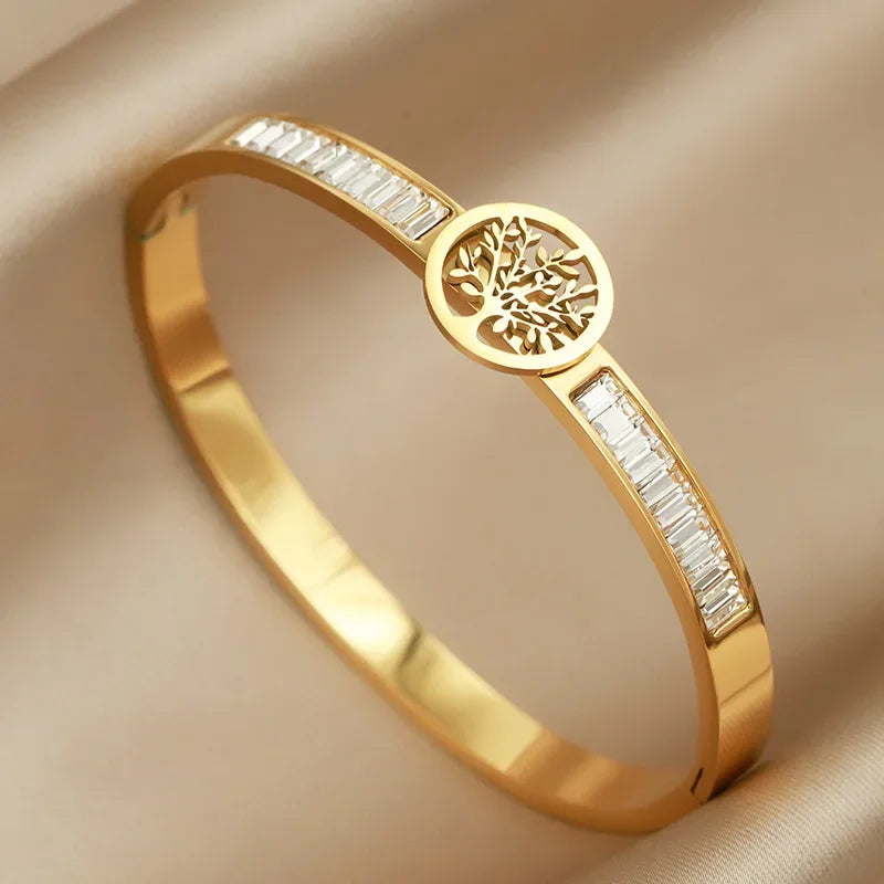 316L Stainless Steel Crystal Leopard Bangles for Women Vintage Bracelets Rust-proof Flower Zirconia Tree Wrist Jewelry Gift