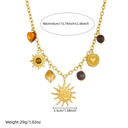 LAMENGLY 316L Stainless Steel Amber Stone Inlay Geometric Spiral Sun Heart Necklace Bracelet Set Lady Classic Trend Jewelry Suit
