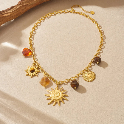 LAMENGLY 316L Stainless Steel Amber Stone Inlay Geometric Spiral Sun Heart Necklace Bracelet Set Lady Classic Trend Jewelry Suit
