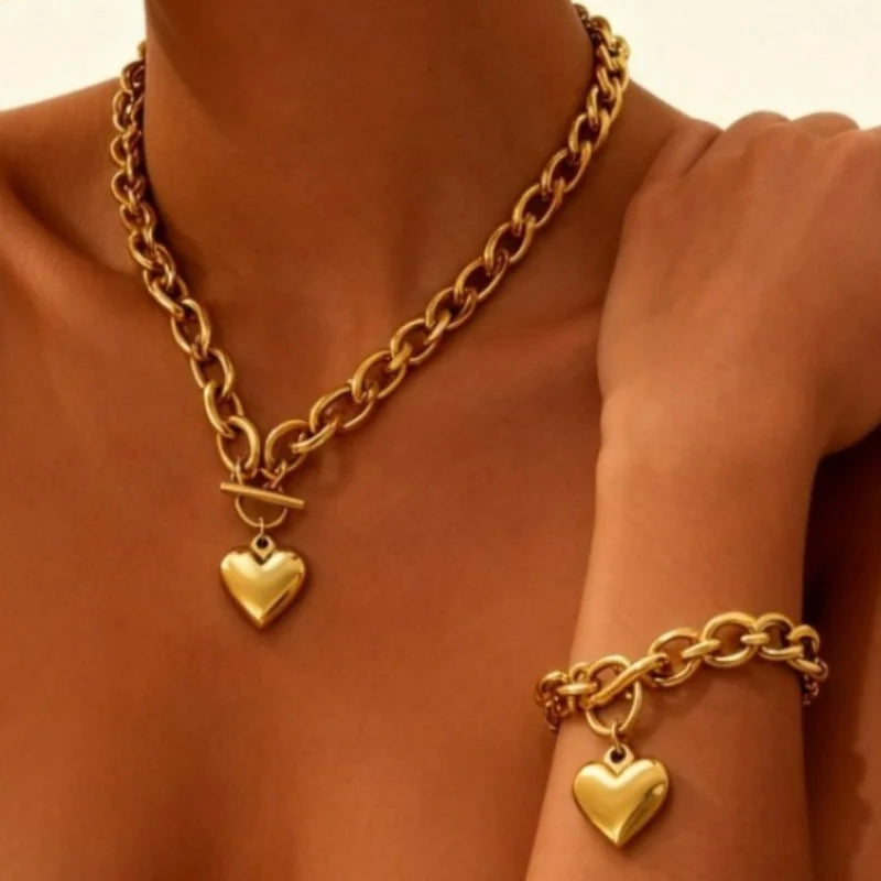316L Stainless Steel 3D Heart Pendant Necklace Bracelet Jewelry Set For Women Love Romantic Waterproof Sweet Charm Metal Gifts