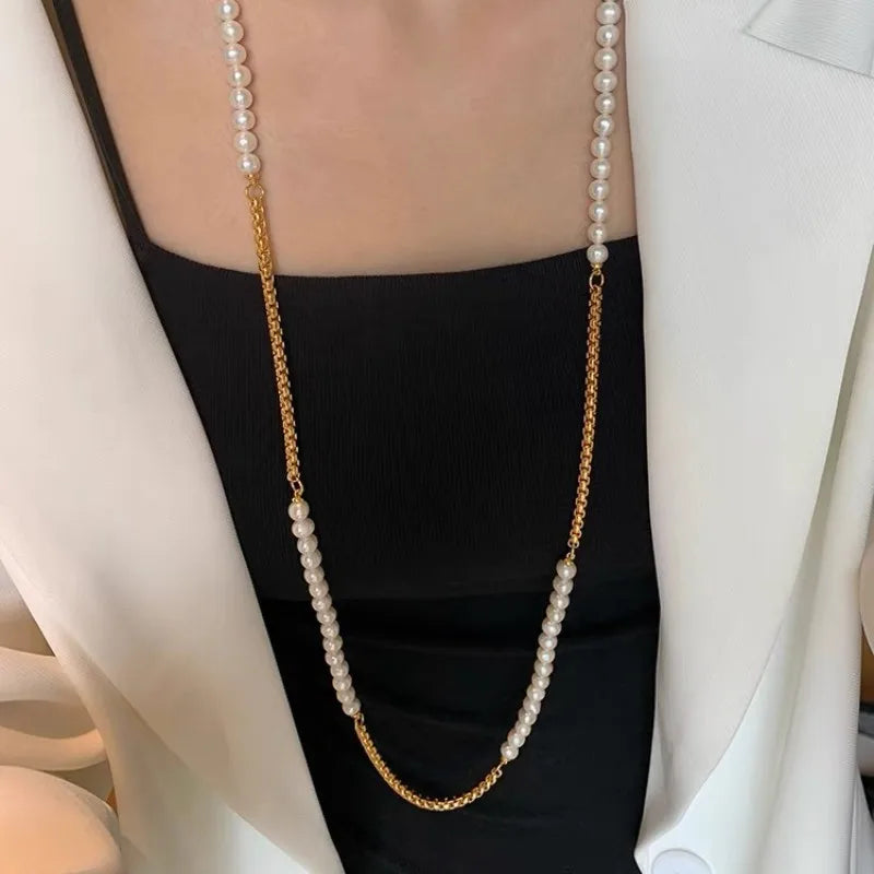 New 316L Stainless Steel Half  Chain and Pearl Necklace for Women Long sweater Chain Exquisite Niche Kpop Collarbone Jewelry