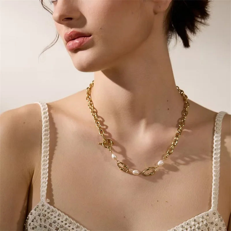 GANPUP 316l Stainless Steel Metal Pearls Chain Choker Necklace For Women Fashion Texture Waterproof Jewelry Neck Chain Gift