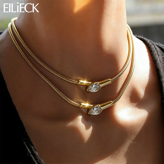 EILIECK 316L Stainless Steel Creative Snakehead Necklace For Women Trendy Shining Zircon Neck Chain Waterproof Jewelry Gift